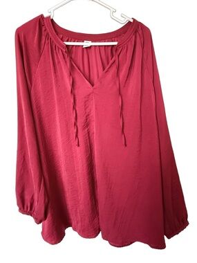 Like New! Old Navy Long Sleeve Satin Tie V-Neck Top, Size 2XL (20/22), Cranberry
